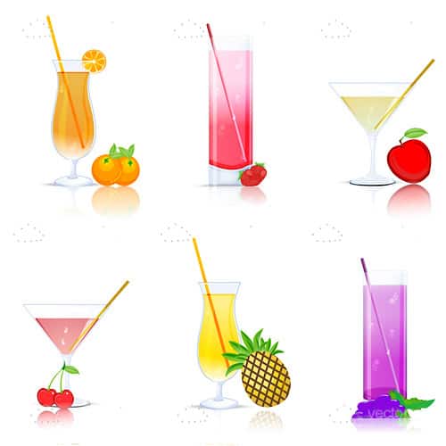 Colorful Fruit Juices in Cocktail Glasses